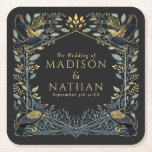 Enchanted Gothic Raven Floral Wedding  Square Paper Coaster<br><div class="desc">Elegant,  whimsical,  and gothic wedding design perfect for either an enchanted forest-themed celebration or a moody and dark gothic affair. This design features ravens set in a frame of muted teal-blue thorns,  berries,  greenery,  and gold accents. Matching Items in our shop for a complete party theme.</div>