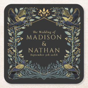Enchanted Gothic Raven Floral Wedding  Square Paper Coaster