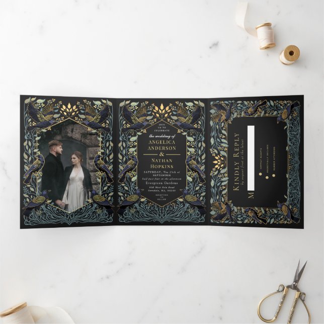 Enchanted Gothic Raven Floral Wedding Tri-Fold Invitation (Inside)