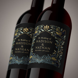 Enchanted Gothic Raven Floral Wedding Wine Label
