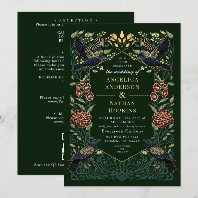 Enchanted Gothic Raven Snapdragon Wedding QR Code Invitation (Front/Back)
