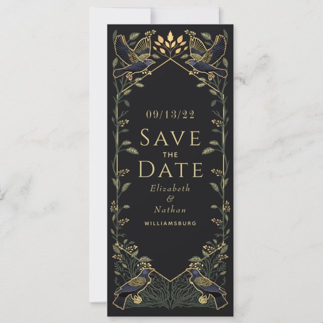 Enchanted Gothic Raven Wedding Save the Date Green Invitation (Front)