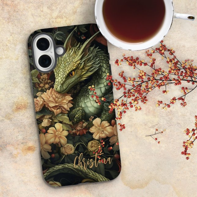 Enchanted Green Dragon with Elegant Floral Array Case-Mate iPhone Case (Creator Uploaded)