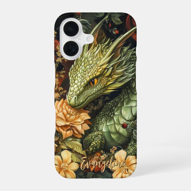 Enchanted Green Dragon with Elegant Floral Array iPhone 16 Case (Back)