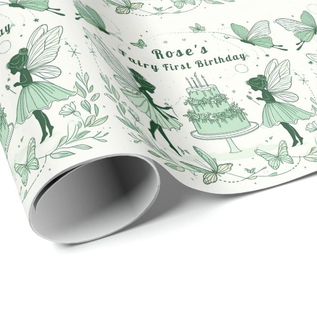 Enchanted Green Fairy First Birthday - Wrapping Paper (Roll Corner)