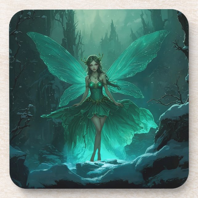 Enchanted Green Fairy Winter Forest Christmas Coaster (Front)