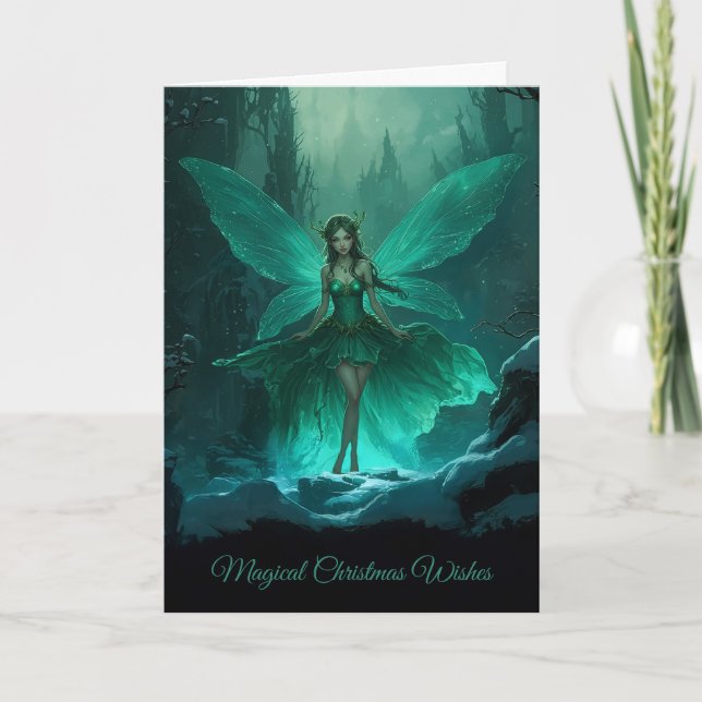 Enchanted Green Fairy Winter Forest Christmas Holiday Card (Front)