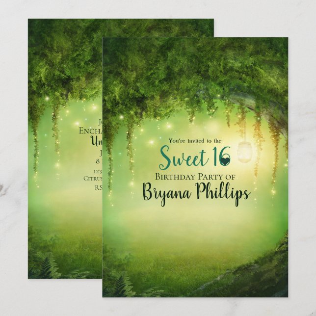 Enchanted Green Forest Lantern Sweet 16 Party Invitation (Front/Back)