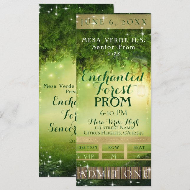 Enchanted Green Forest Prom VIP Party Ticket Invitation (Front/Back)