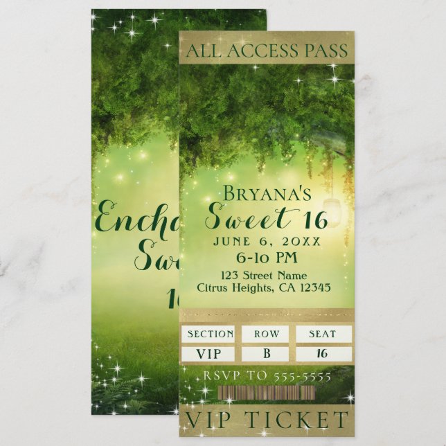 Enchanted Green Forest VIP Sweet 16 Party Ticket Invitation (Front/Back)