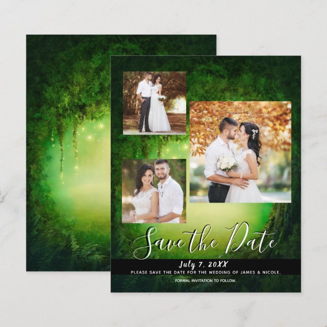 Enchanted Green Forest Wedding Photo Save the Date (Front/Back)