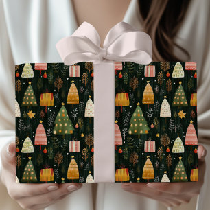 Enchanted Green Woodland Christmas Tree Pattern Wrapping Paper