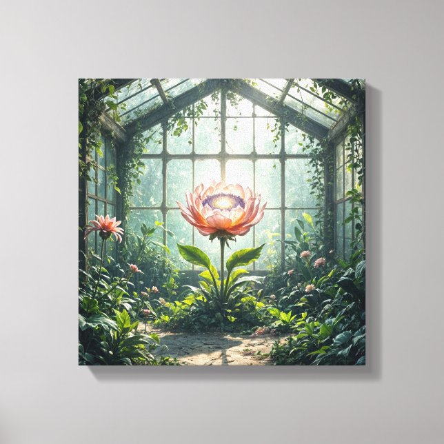 Enchanted Greenhouse Bloom – Fantasy Botanical Art Canvas Print (Front)