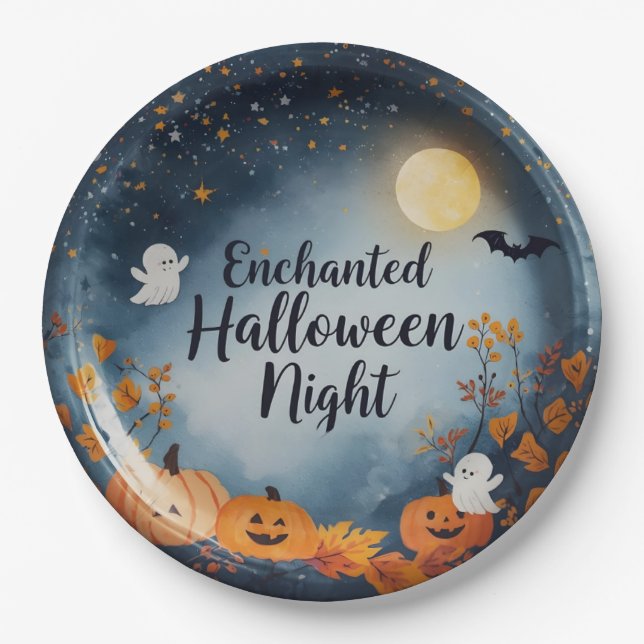 Enchanted Halloween Night Paper Plate – Cute Ghost (Front)