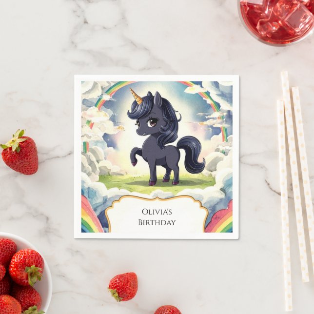 Enchanted Happy Black Unicorn Birthday Napkin (Insitu)