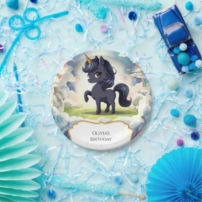 Enchanted Happy Black Unicorn Birthday Paper Plate (Party)