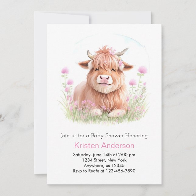 Enchanted Highland Cow Blissful Girl Baby Shower Invitation (Front)
