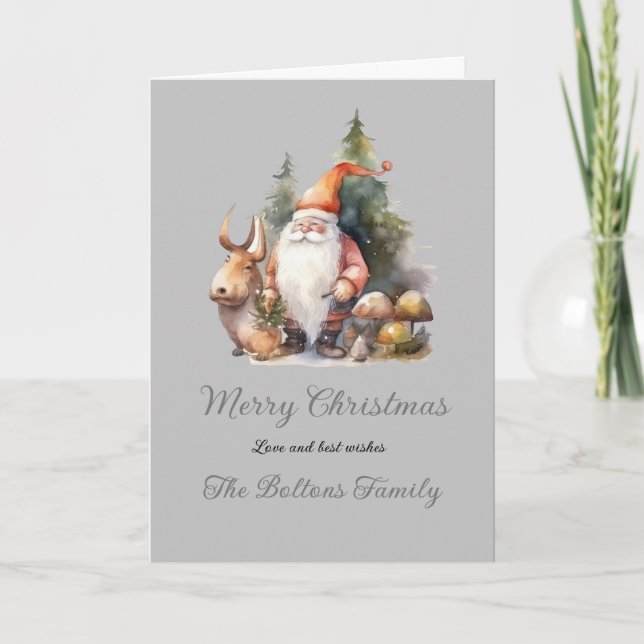 Enchanted Holiday Gnome Watercolor Christmas Card (Front)