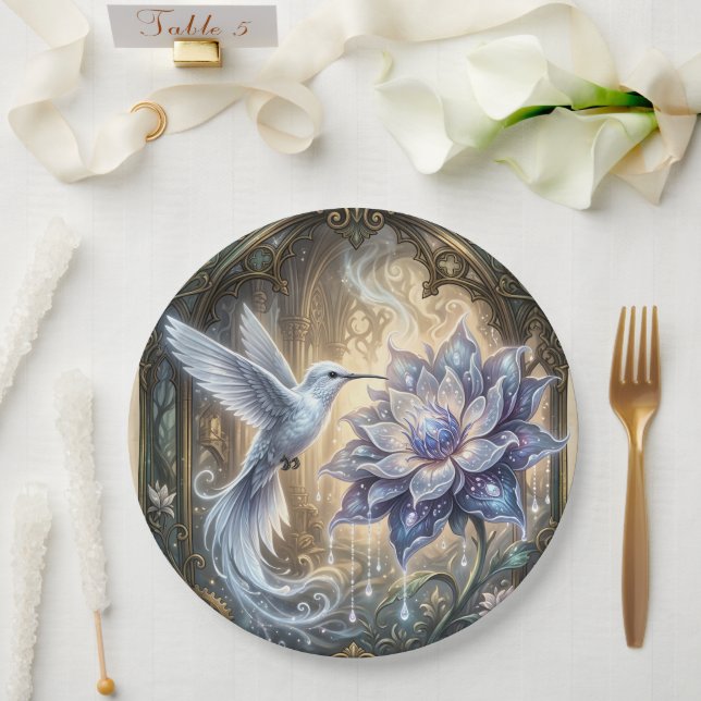 Enchanted Hummingbird & Moon Blossom.  Paper Plate (Wedding)