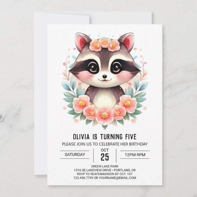 Enchanted Kids' Racoon Girl Birthday Invitation (Front)