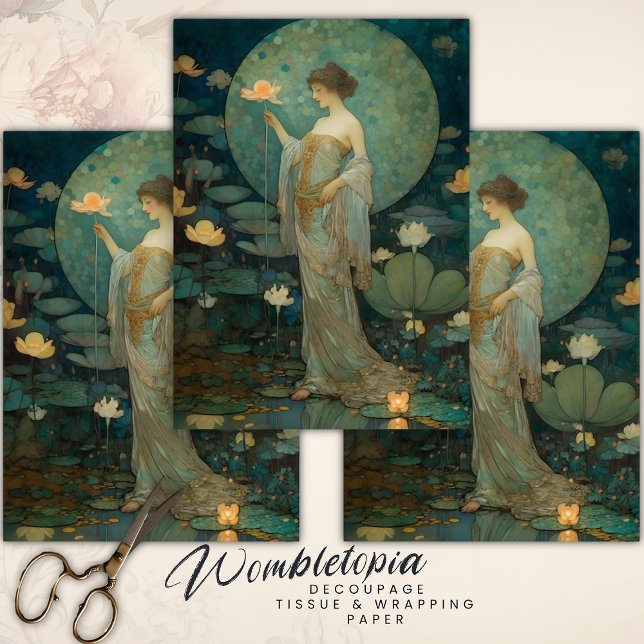 Enchanted Lady in a Magical Lotus Garden Decoupage Wrapping Paper Sheet (Creator Uploaded)