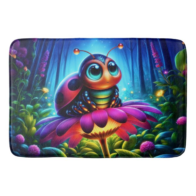 Enchanted Ladybug soft glowing fantasy flower Bath Mat (Front)