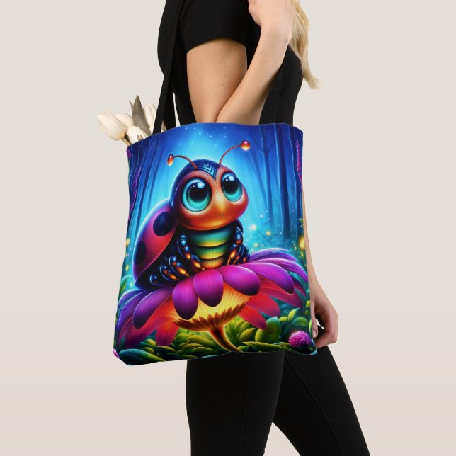 Enchanted Ladybug soft glowing fantasy flower Tote Bag (Close Up)