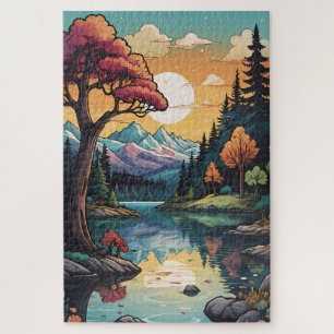Enchanted Lakeside Serenity Sunset Landscape Jigsaw Puzzle