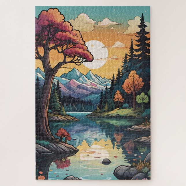 Enchanted Lakeside Serenity Sunset Landscape  Jigsaw Puzzle (Vertical)