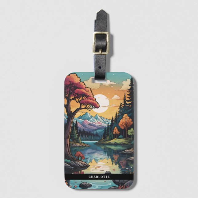 Enchanted Lakeside Serenity Sunset Landscape Luggage Tag (Front Vertical)