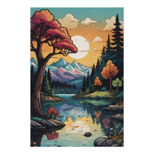 Enchanted Lakeside Serenity Sunset Landscape  Poster