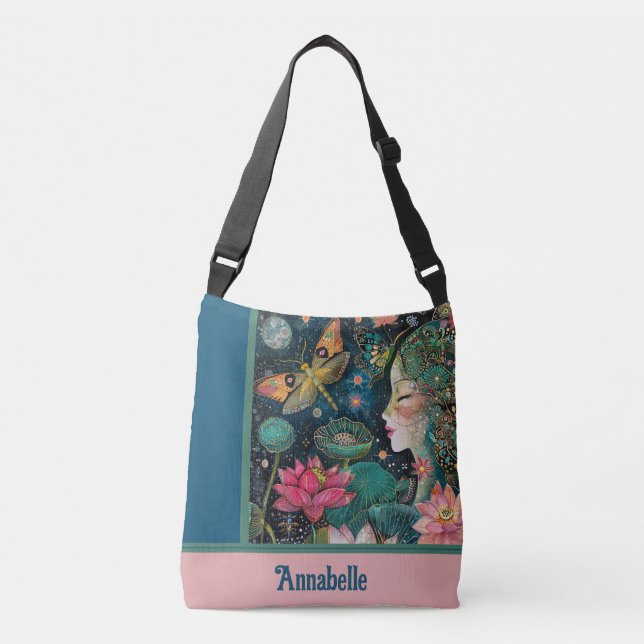 Enchanted Lotus Blossoms Crossbody Tote Bag (Front)