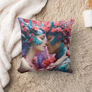 Enchanted Lovers in Floral Fantasy Realm Cushion