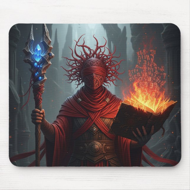 Enchanted Mage and Fiery Book Fantasy Art Mouse Mat (Front)