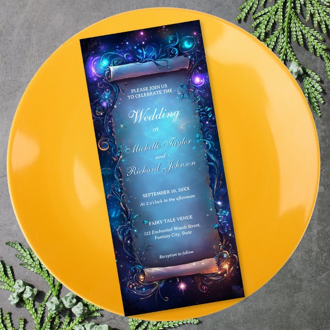 Enchanted Magic Forest Fairy Tale Wedding Scroll Invitation (blue and purple mystical magic enchanted celestial wedding)