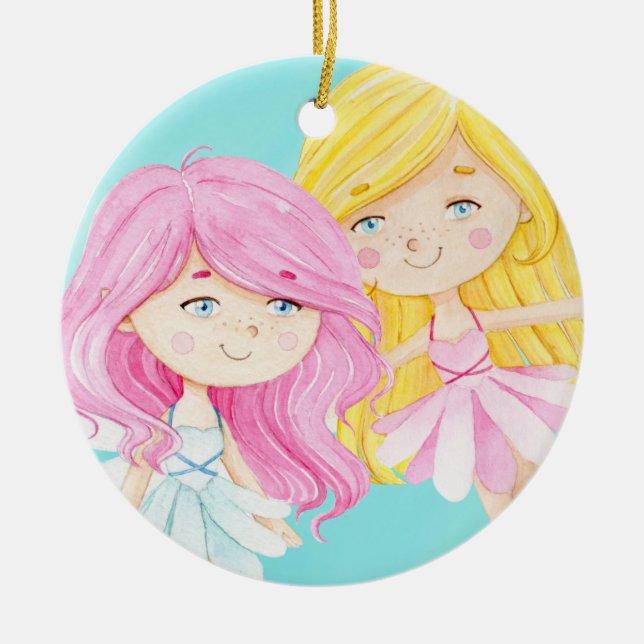 Enchanted Magical Fairies Sisters Christmas Ceramic Tree Decoration (Front)