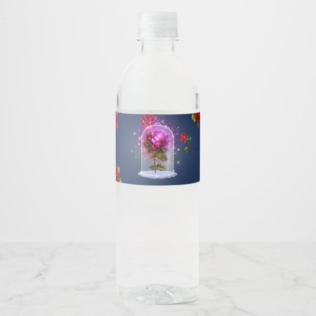 Enchanted Magical Red Rose Beauty Birthday Party Water Bottle Label (Front)
