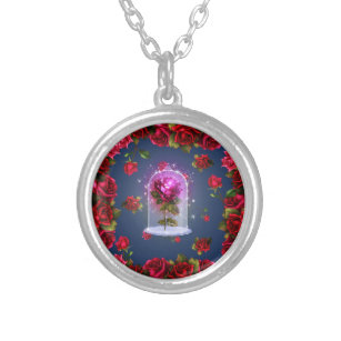 Enchanted Magical Red Rose Beauty Silver Plated Necklace
