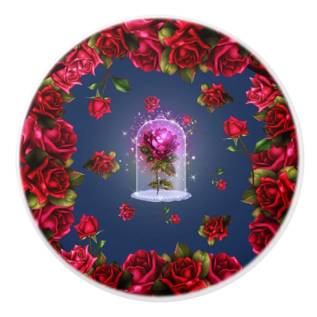 Enchanted Magical Red Rose Blue Floral Ceramic Knob (Front)