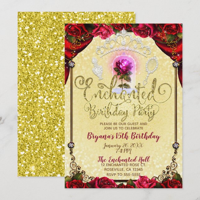 Enchanted Magical Rose Beauty Birthday Party Invitation (Front/Back)