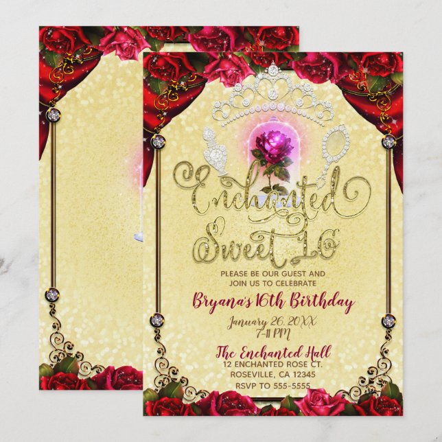 Enchanted Magical Rose Beauty Birthday Sweet 16 Invitation (Front/Back)