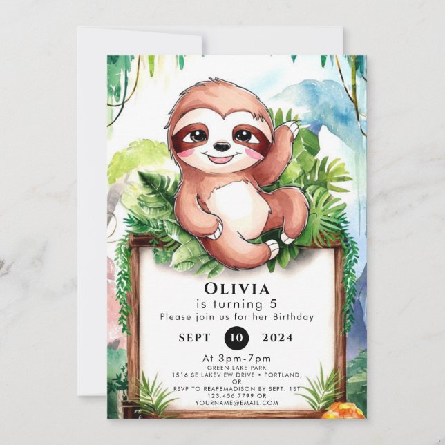 Enchanted Magical Sloth Birthday Invitation (Front)