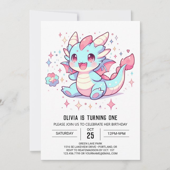Enchanted Majestic Dragon 1st Birthday Invitation (Front)