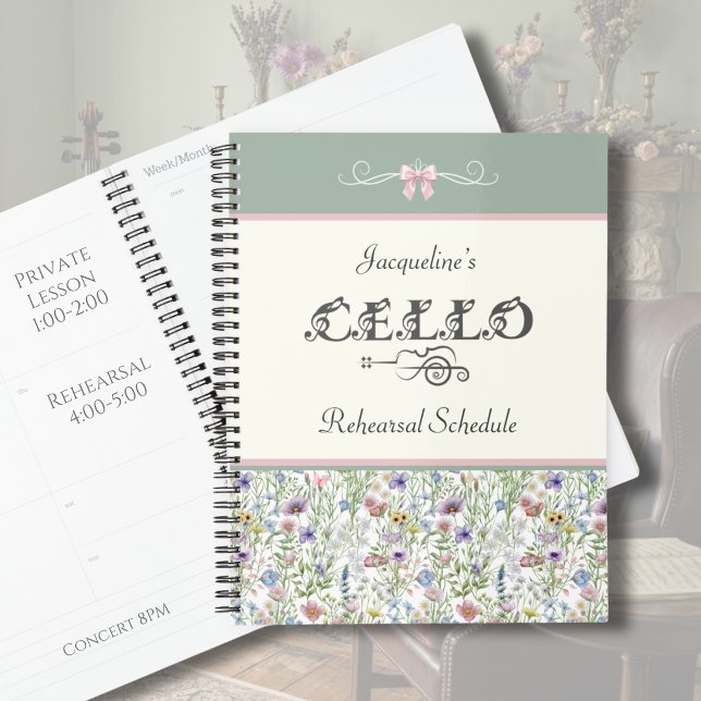 Enchanted Meadow Cello Rehearsal Planner | Floral (Custom Cello Rehearsal Planner | Whimsical Sage Green & Pink Wildflower | Botanical Music Gear)