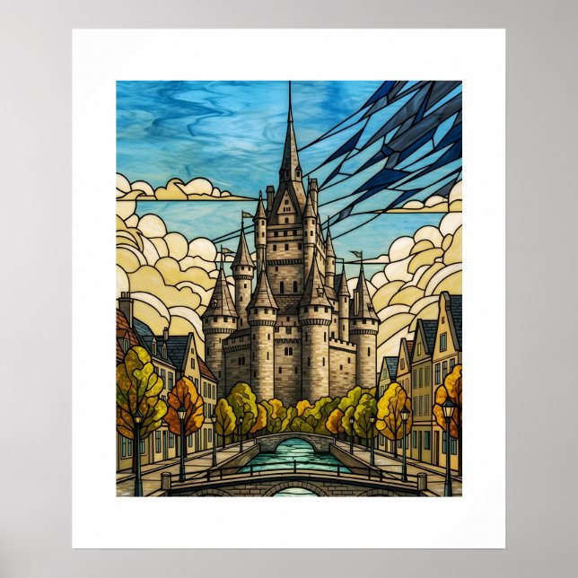 Enchanted Mediaeval Castle Stained Glass Canal Ill Poster (Front)