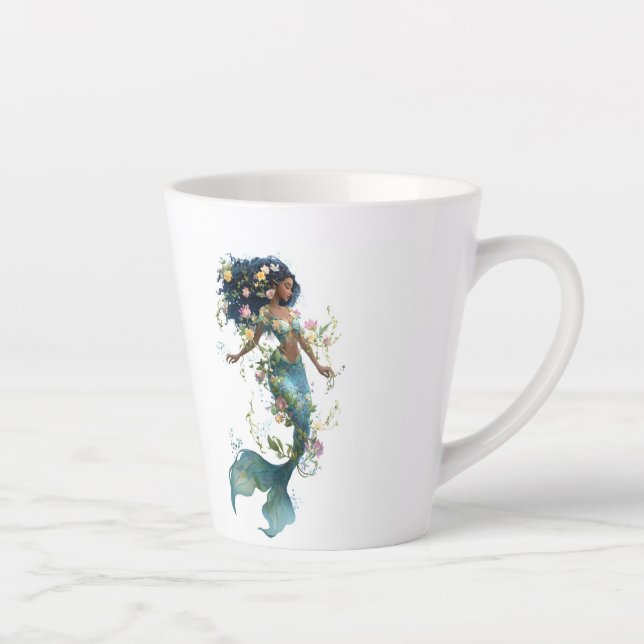 Enchanted Mermaid Latte Mug-Floral Fantasy Design Latte Mug (Right)