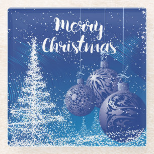 Enchanted Midnight Blue & White Merry Christmas Glass Coaster