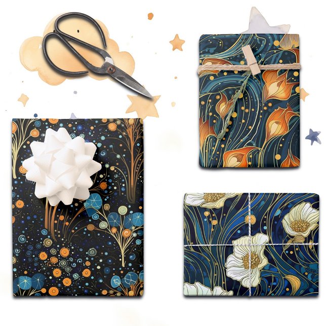 Enchanted Midnight Florals in Gold and Blue, Wrapping Paper Sheet (Creator Uploaded)