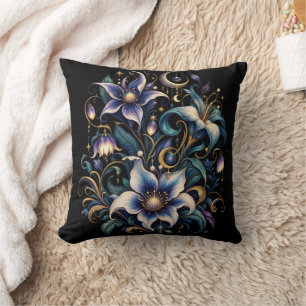 Enchanted Midnight Garden: Luminous Blue and Gold Cushion