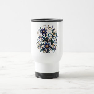 Enchanted Midnight Garden: Luminous Blue and Gold Travel Mug